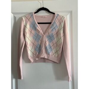 John Galt Brandy Melville Pink Argyle Cropped Cardigan Sweater